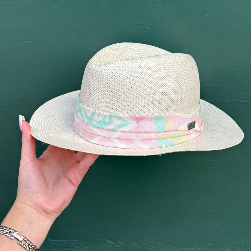 Vintage Kangol Design USA Panama Straw Fedora Pastel Band Large Summer Hat